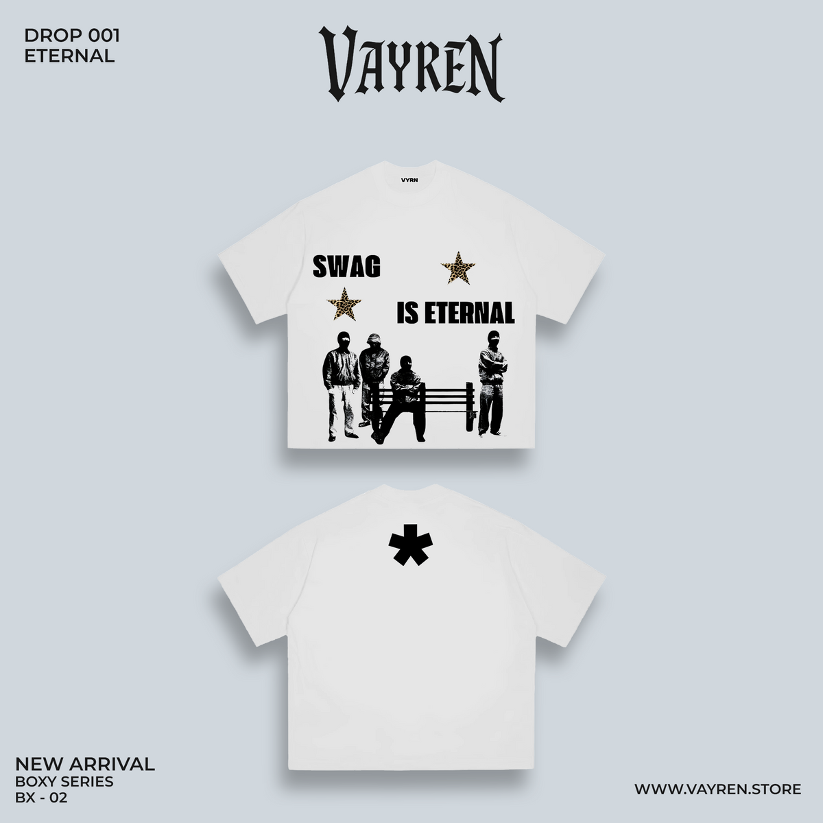 White t-shirt with graphic design and text 'SWAG IS ETERNAL' on a light gray background, featuring the brand 'Vayren'.