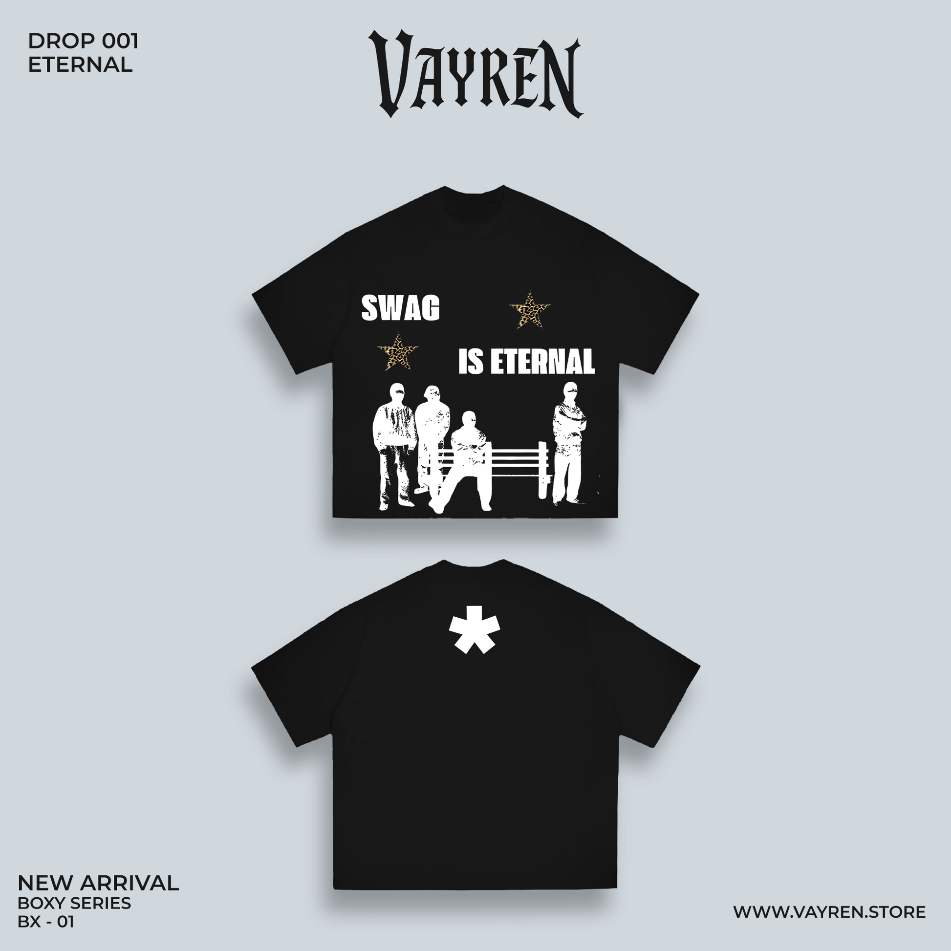 Two black t-shirts with graphic designs and text on a light gray background, featuring the brand 'Vayren'.