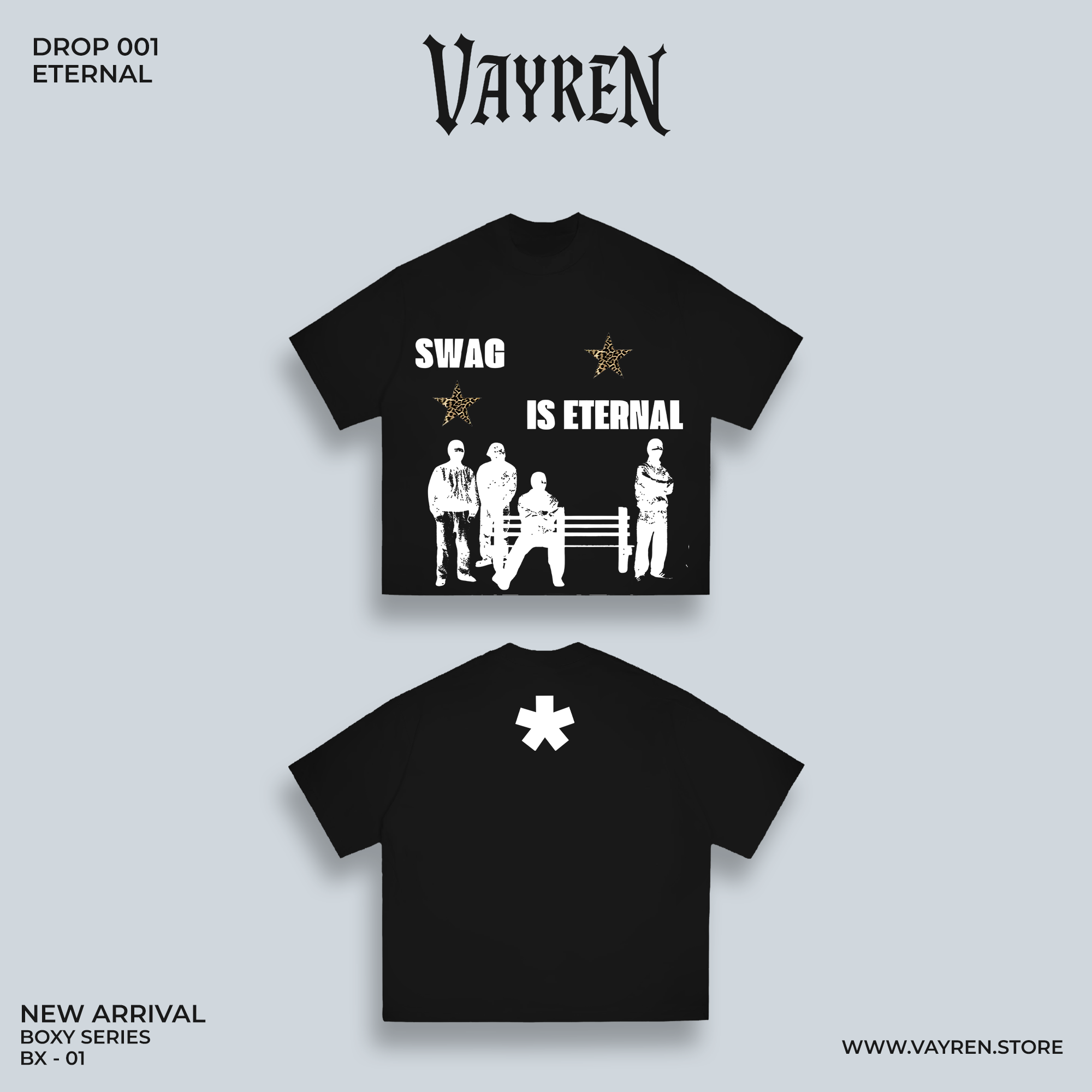 Two black t-shirts with graphic designs and text on a light gray background, featuring the brand 'Vayren'.