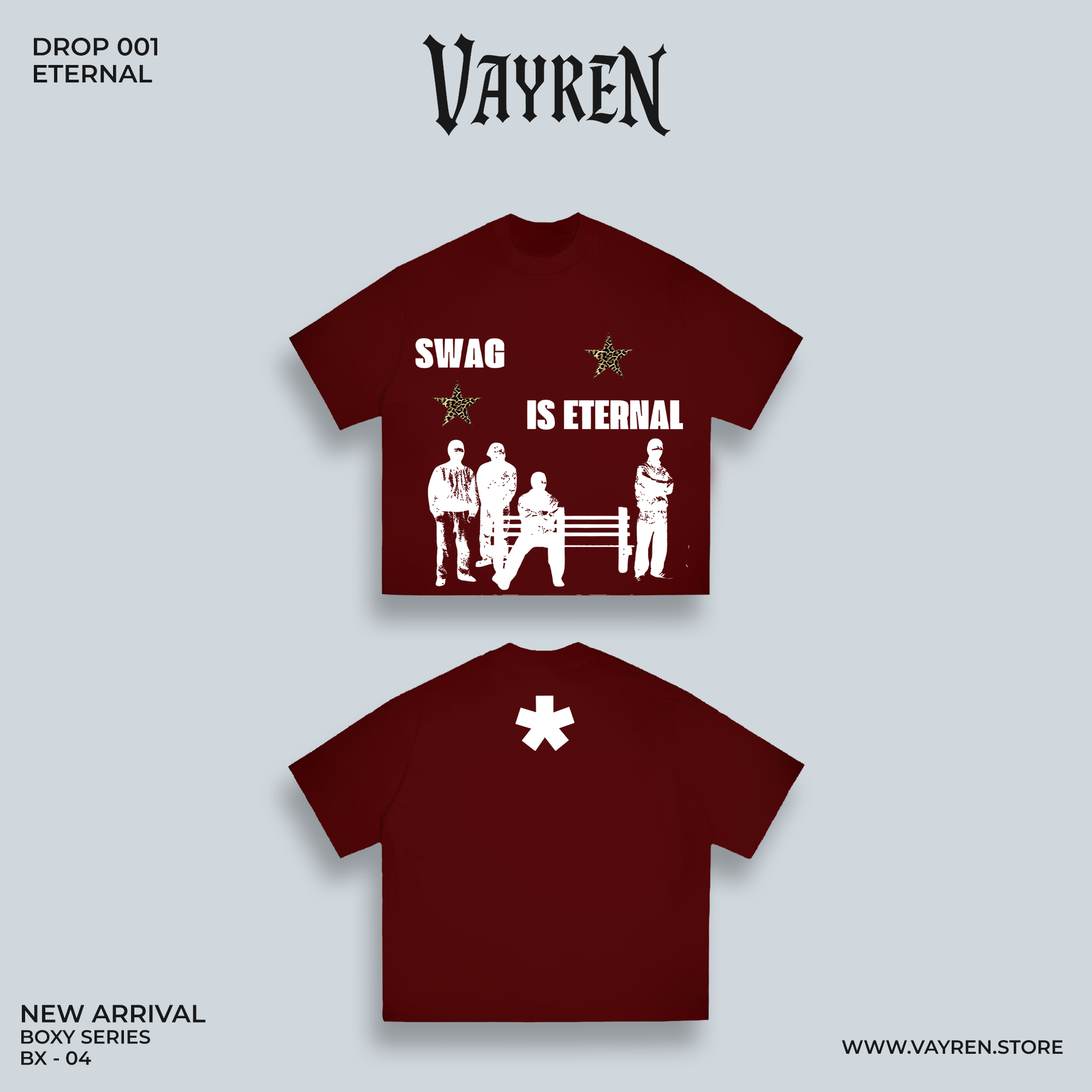 Two maroon t-shirts with graphic designs and text on a light gray background, featuring the brand 'Vayren'.