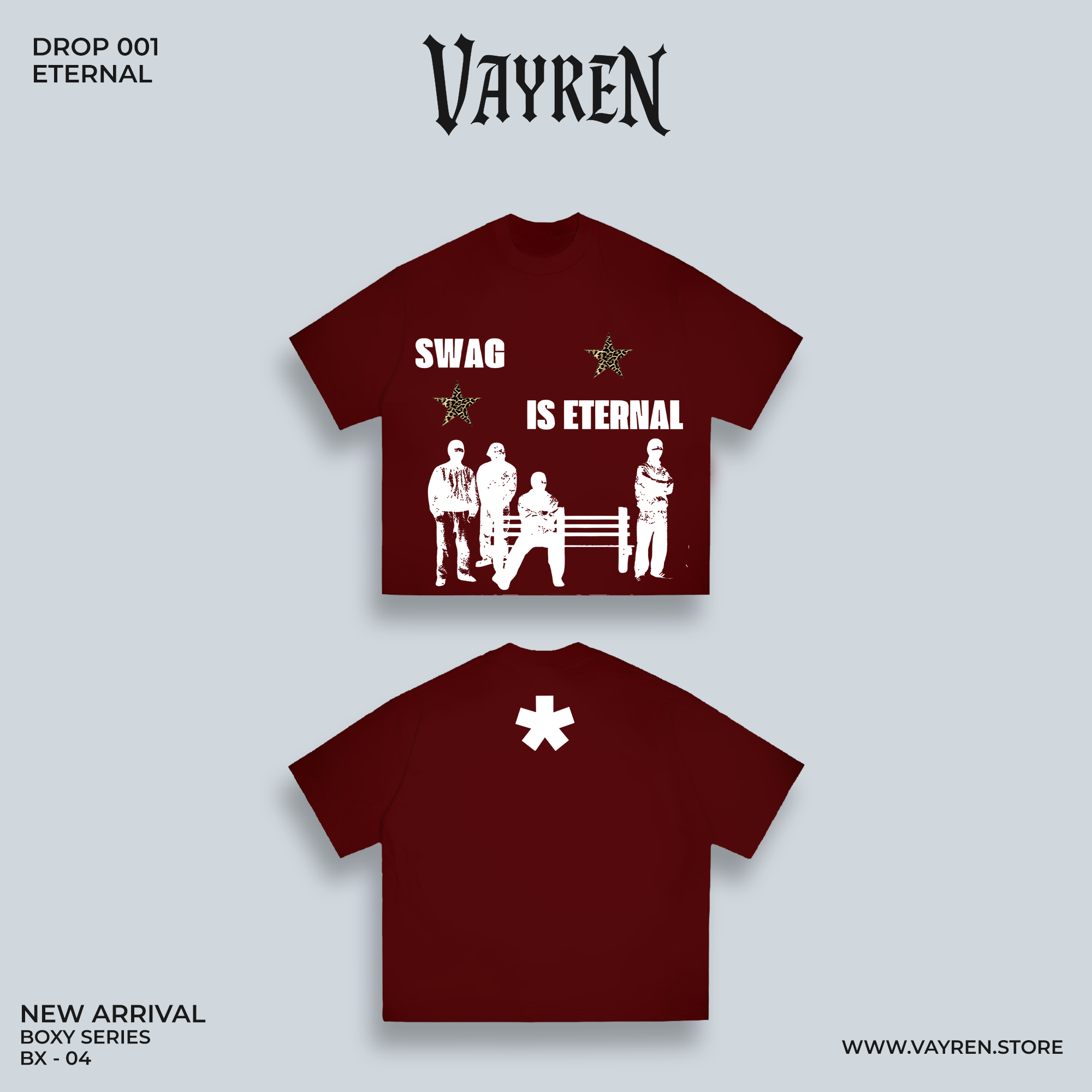 Two maroon t-shirts with graphic designs and text on a light gray background, featuring the brand 'Vayren'.