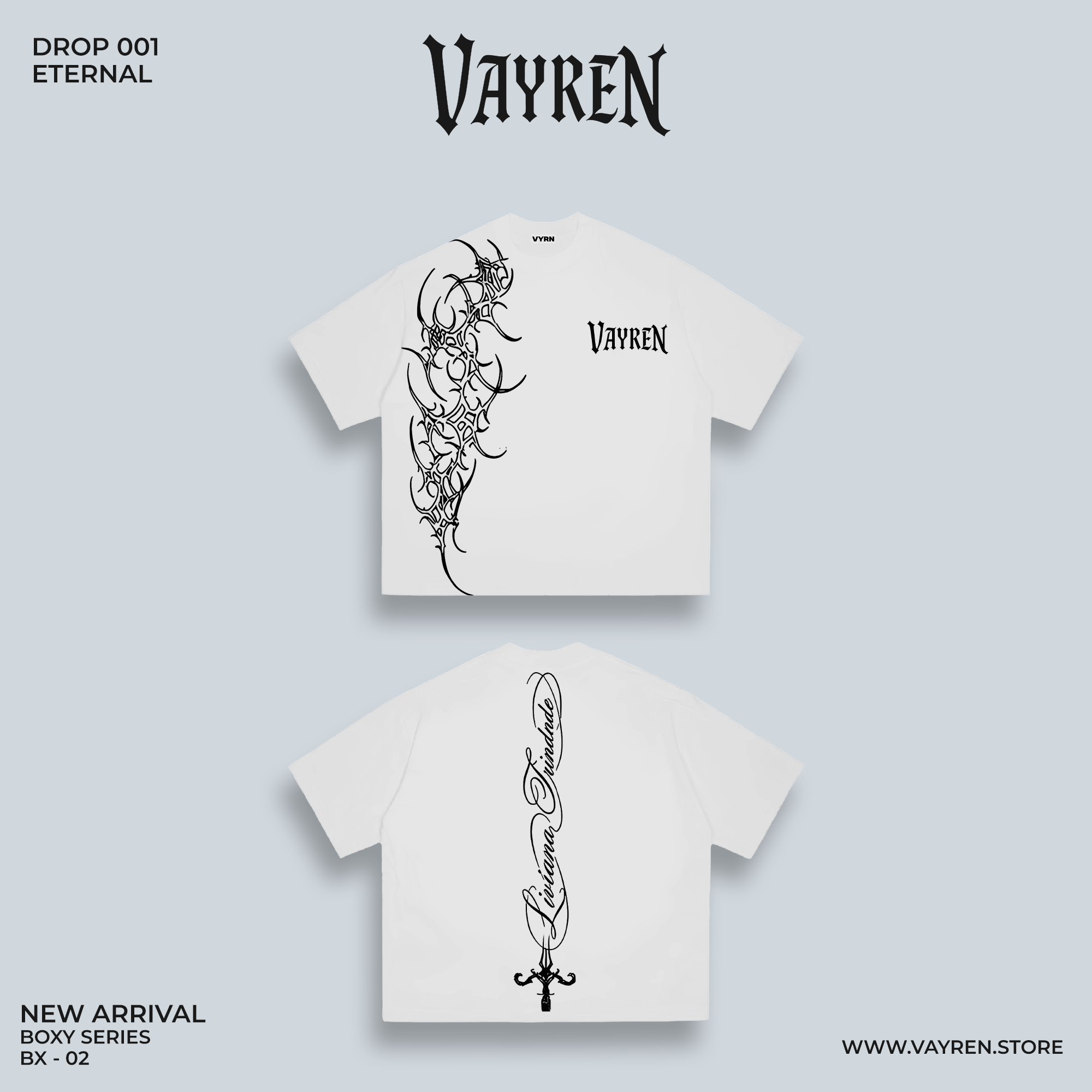 White t-shirt with black designs and 'Vayren' branding on a light gray background