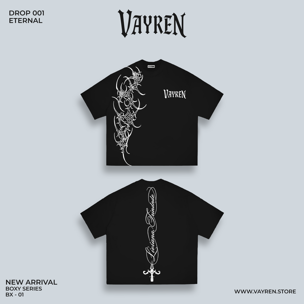 Black t-shirt with white graphics and 'Vayren' branding on a light gray background