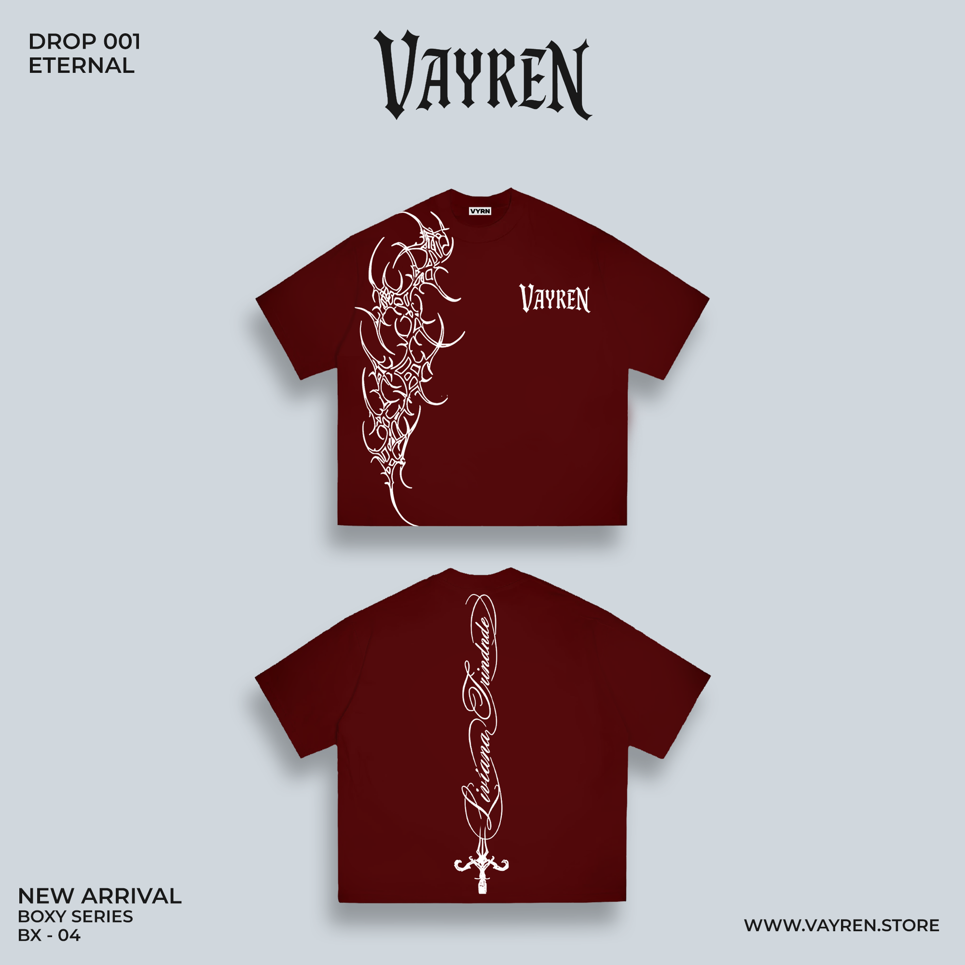 Maroon t-shirt with white designs and 'Vayren' branding on a light gray background