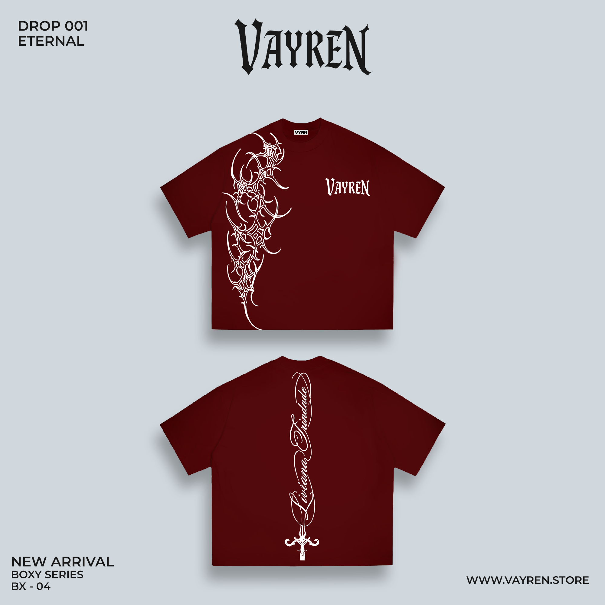 Maroon t-shirt with white designs and 'Vayren' branding on a light gray background