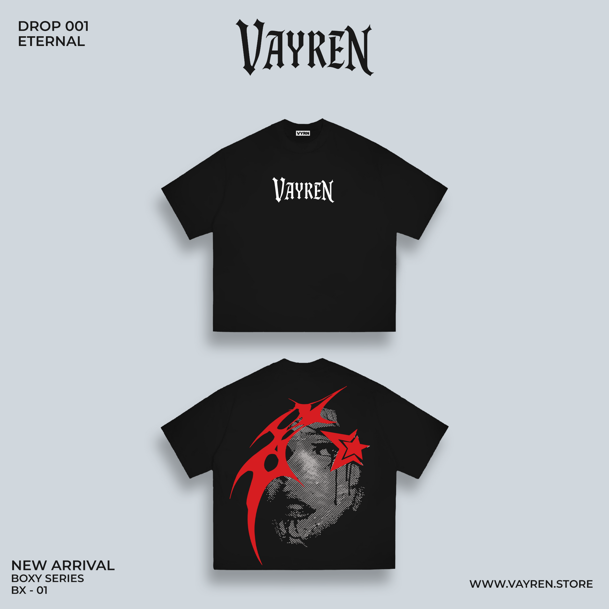 Two black t-shirts with 'Vayren' branding on a light gray background