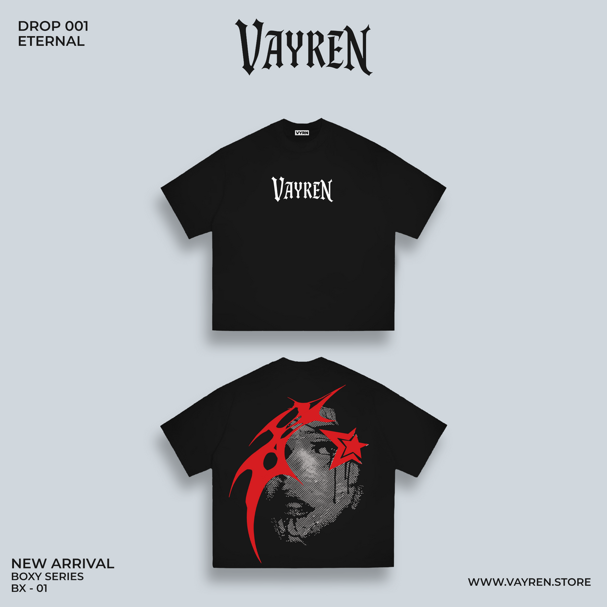 Two black t-shirts with 'Vayren' branding on a light gray background