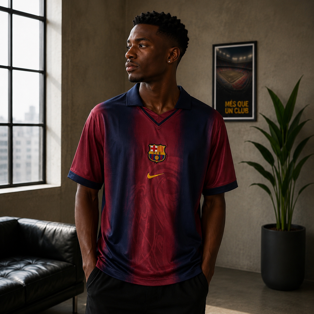 Man wearing a Barcelona jersey in a room with a window and plant